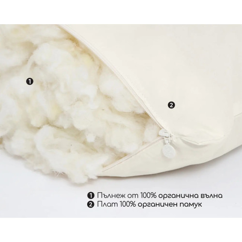 Вълнена възглавница за спане 100% органичен памук, органична вълна 42/72